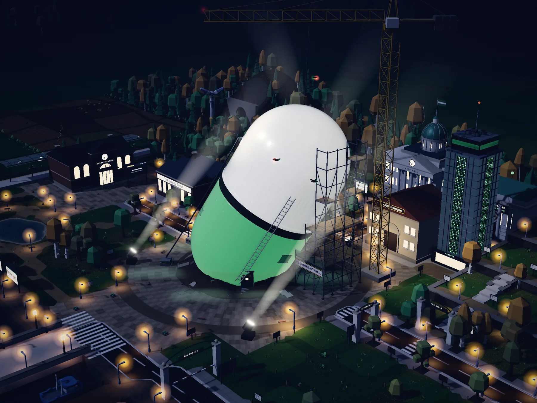 The giant pump.fun pill under floodlights at midnight, rendered from the 3D town