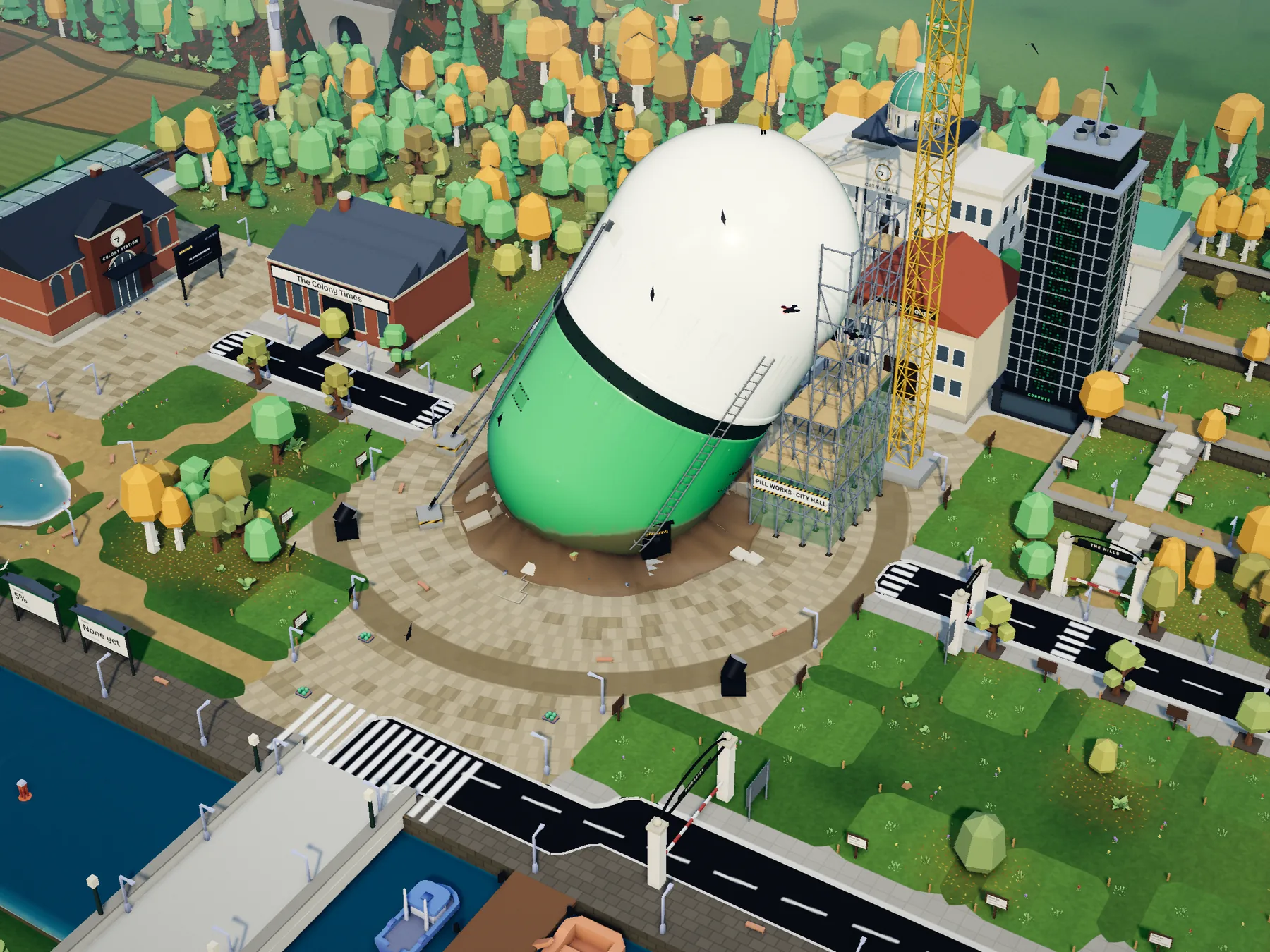Downtown around the Pill Plaza, by the river, rendered from the 3D town